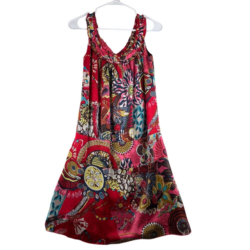 Lula Kate 100% Silk Dress Womens 0/XS Statement Art Abstract Floral Jewel Ruffle